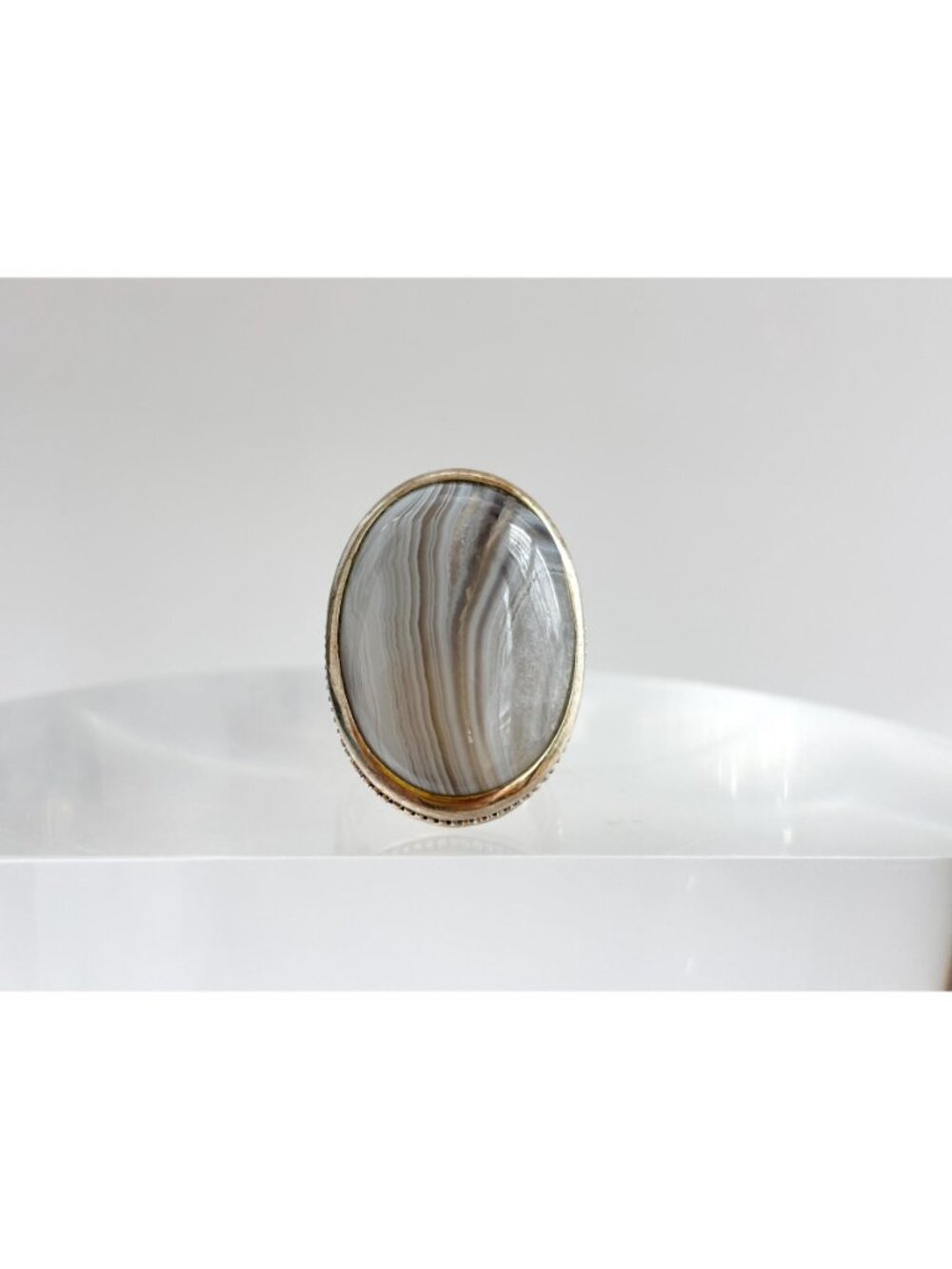 Grey Banded Agate Polished Cabochon Sterling Silver 925 Vintage Ring - sz 8 - Picture 2 of 16